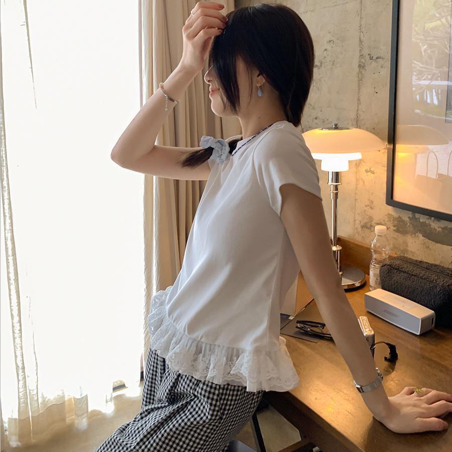Summer pure cotton Lace splicing t shirt for Women solid O-neck short sleeve T-shirts Lotus leaf Slim Elastic Skinny white Tops