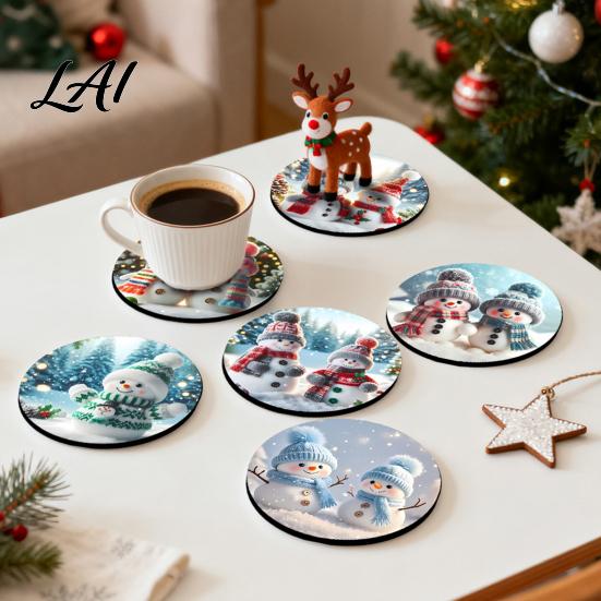 Holiday Table Decor 4/6Pcs Christmas Animal Wooden Coaster Festive Plaid Floral Round Drink Housewarming Gift Ideas Mats Decorations for Home Office