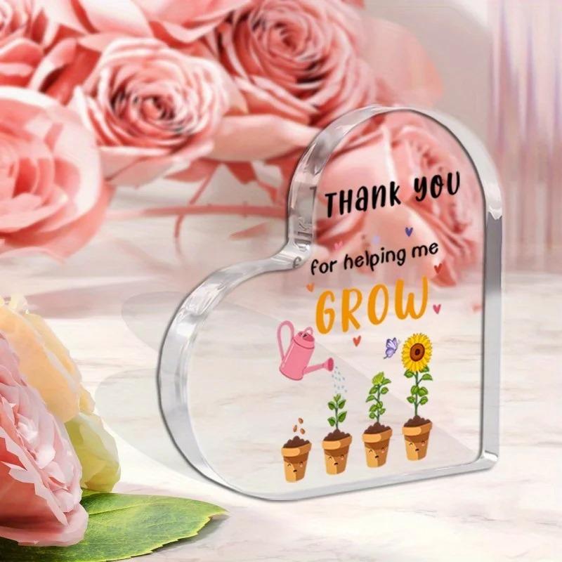 2D Flat "Thank You for Helping Me Grow" Heart-Shaped Acrylic Teacher Appreciation Gift Desktop Decoration Plaque, Home Decor Plaque Hanging Wall Art D