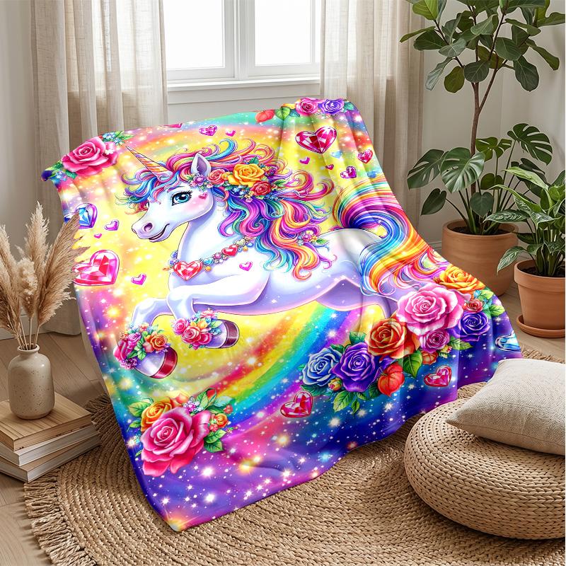Fantasy Unicorn with Rainbow and Hearts Theme Blanket Lightweight Warm Flannel Blanket Decorative Throw Blanket for Home Decoration