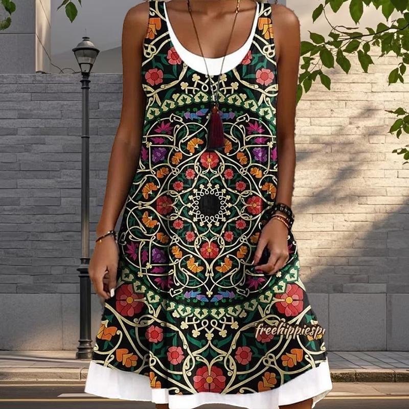 Women's Rose Flower Fake Two-piece Complex Patterns Printed Sleeveless Round Neck Dress Loose Soft and Comfortable Plus Size Dress