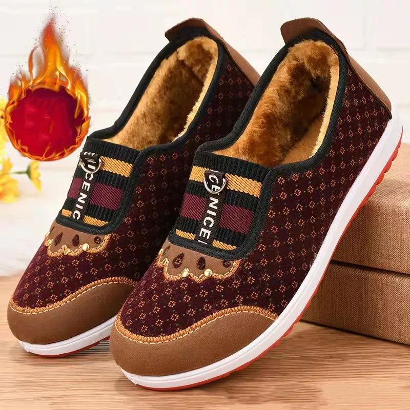 Women's Warm Shoes Nylon Snow Winter Non-slip Thick Warm Mom Cotton Shoes with Velvet Anti Cold Durable Grandma Soft Soled Shoes