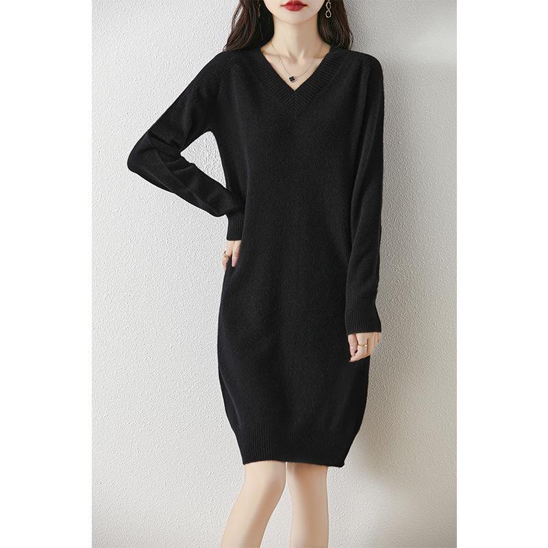 Women's V-Neck Mid-Length Cashmere Knit Dress - Loose Sheath Pullover, 100% Pure Cashmere