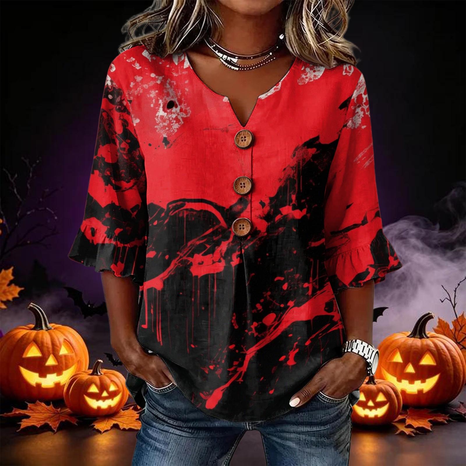 Women s Casual Lace Sleeve Blouse with Halloween Print Loose Fit Shirt for Fall Party L