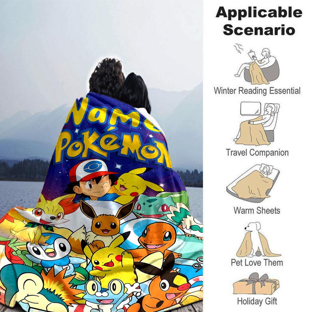 Coperta Personalizzata Nome Personalità Pokémon Ash e Pikachu Morbida e Calda per Divano Ufficio Letto Viaggio Pausa Pranzo, Regalo Adatto a Tutte le Stagioni