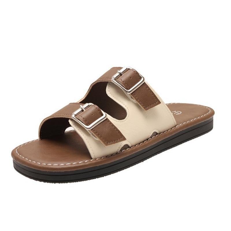 

Retro flat bottom round head beach shoes women s new double buckle belt women s cool slippers 42