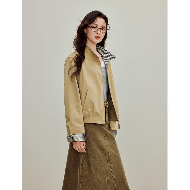 Yinman Women's Color-Block Plaid Embroidered Cotton Jacket