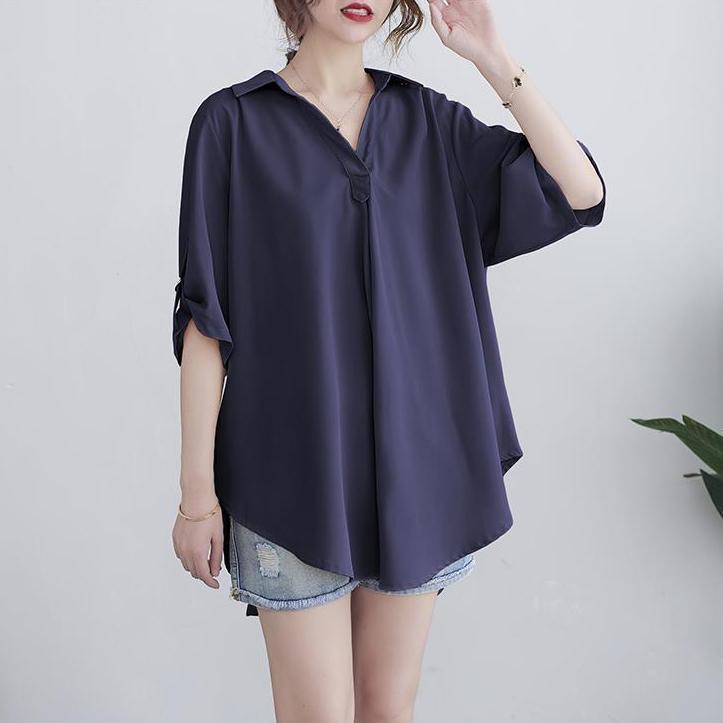 

Шифоновая рубашка женская летняя корейская футболка больших размеров свободная рубашка А-силуэта повседневный топ 6XL синий