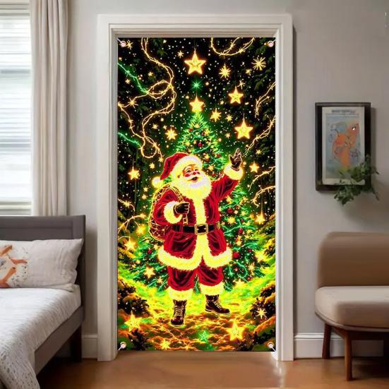 Fluorescent Christmas Door Cover UV Activated Glow-in-the-Dark Door Banner for Outdoor Indoor Holiday Decoration