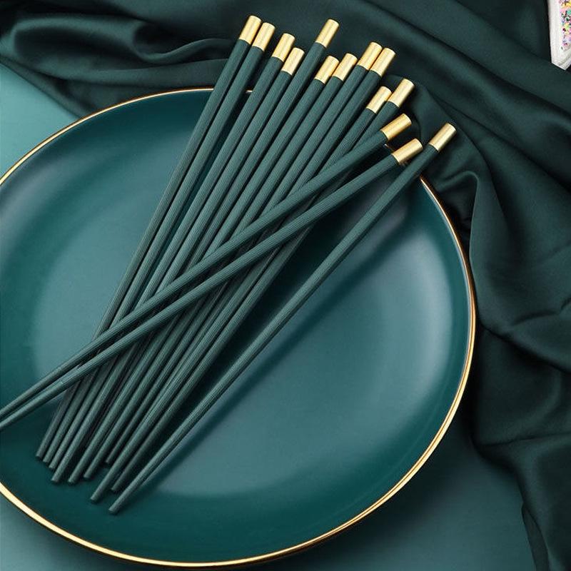Luxurious Morandi Dark Green Non-Slip Porcelain Chopsticks for Home and Hotel Use, Mildew-Proof and Stylish Alloy Handles.