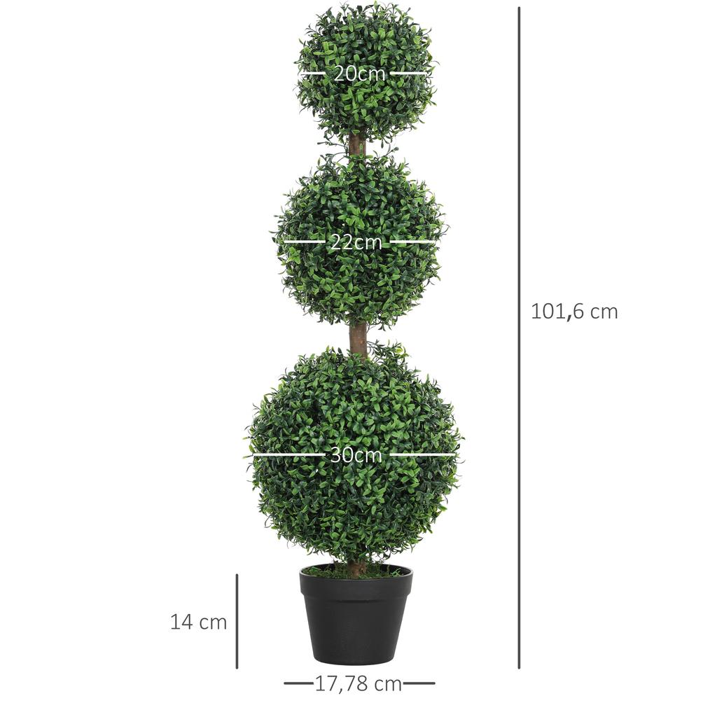 Conjunto de 2 árvores artificiais 101,6 cm 3 bolas topiárias de buxo planta falsa verde PE com vaso interior e exterior