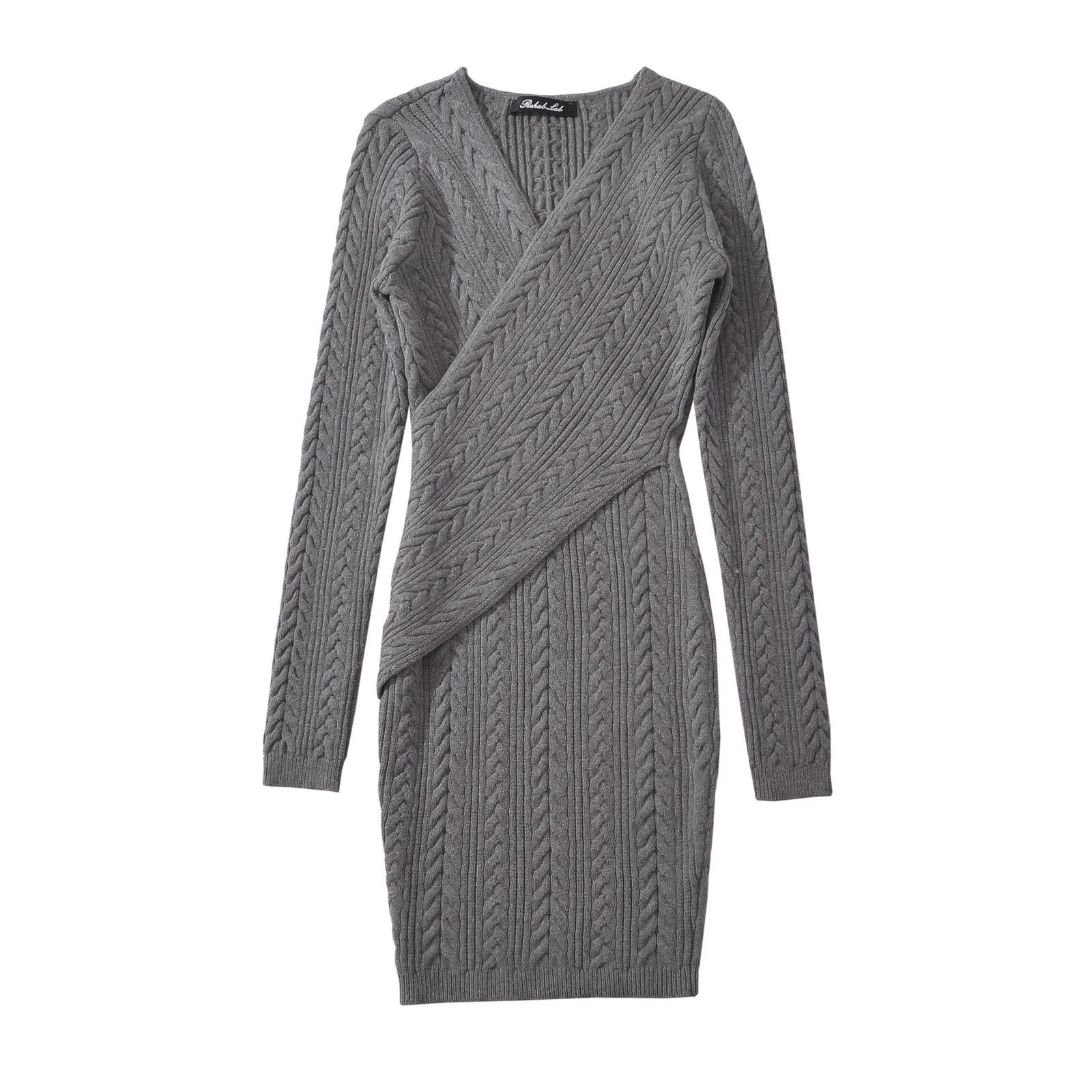 Cross-Border Europe 2025 Stylish Women s Cable Knit Cross-Neck Slim Fit Dress One Size