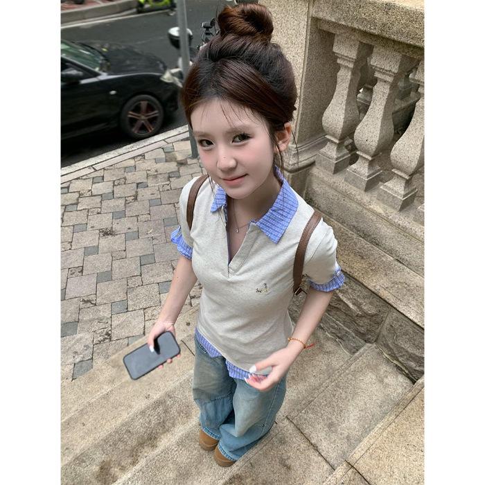 

Ретро Преппи Хлопковое Поло с Вышивкой Щенка, Короткий Рукав, Женский Топ в Стиле Ложной Двойки Medium серый