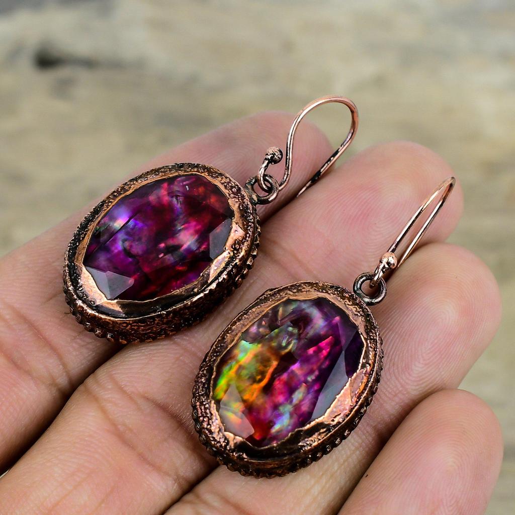 Faceted Ammolite Earring Electroformed Copper Earrings Gemstone Jewelry Dainty Earrings Handmade Earring Electroformed Jewelry Gifts For Her