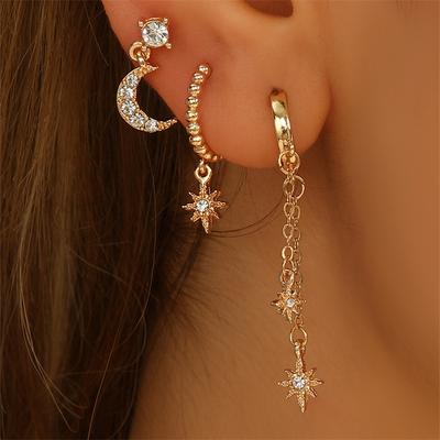 Stern und Mond Kette Quaste Ohrringe - Hexagramm Persönlichkeit Mode Zirkon Ohrring Set für Damen Ohrhänger
