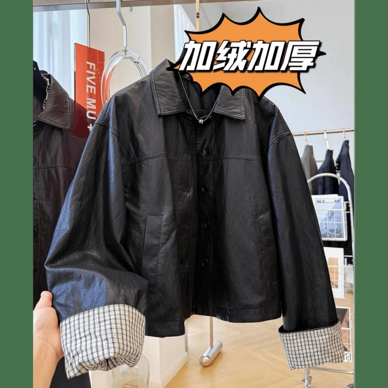 2026 Womens Thickened Fleece-Lined PU Leather Jacket Short Casual Shirt Collar Coat Korean Style