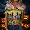 Women's Halloween V Neck Short Sleeve T-Shirt with Button Casual Top