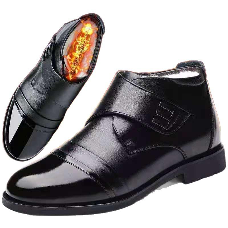 [] Soft leather men's cotton shoes winter velvet casual soft leather snow boots thickened velvet high-top leather shoes