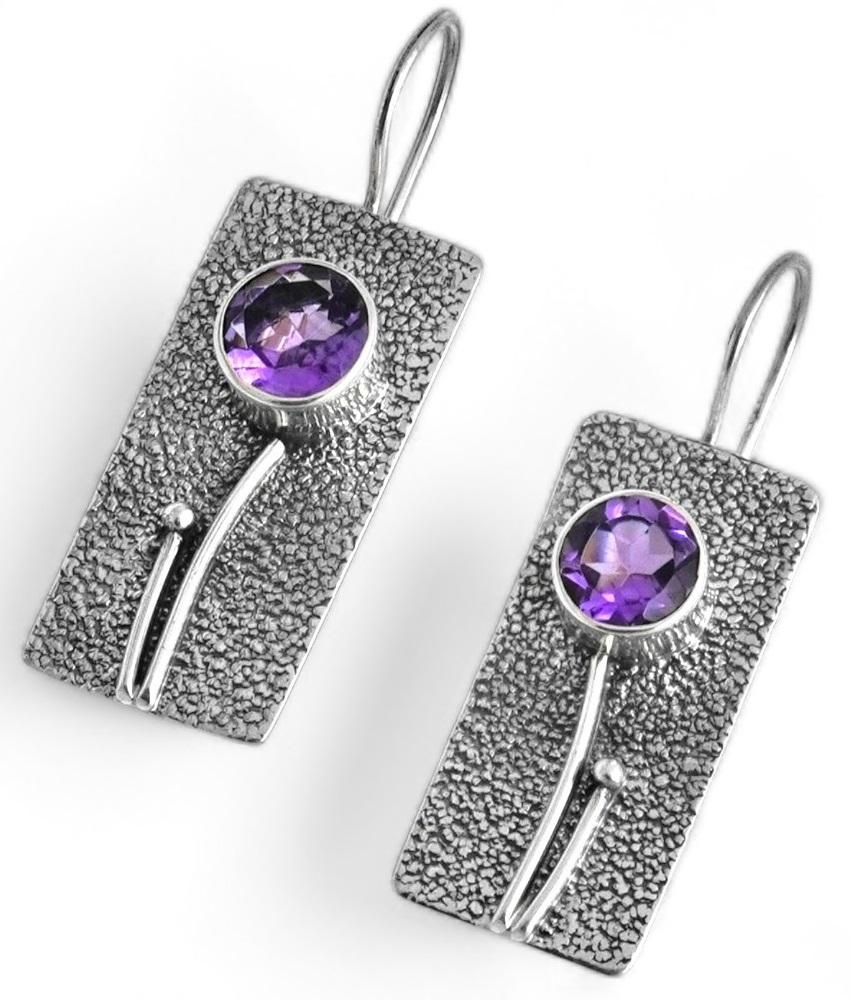 

Modern Textured 925 Sterling Silver Earrings with Round Amethyst – Handmade Geometric Drop Dangles, Women s Silver Earrings by ZIVORI срібний/фіолетовий