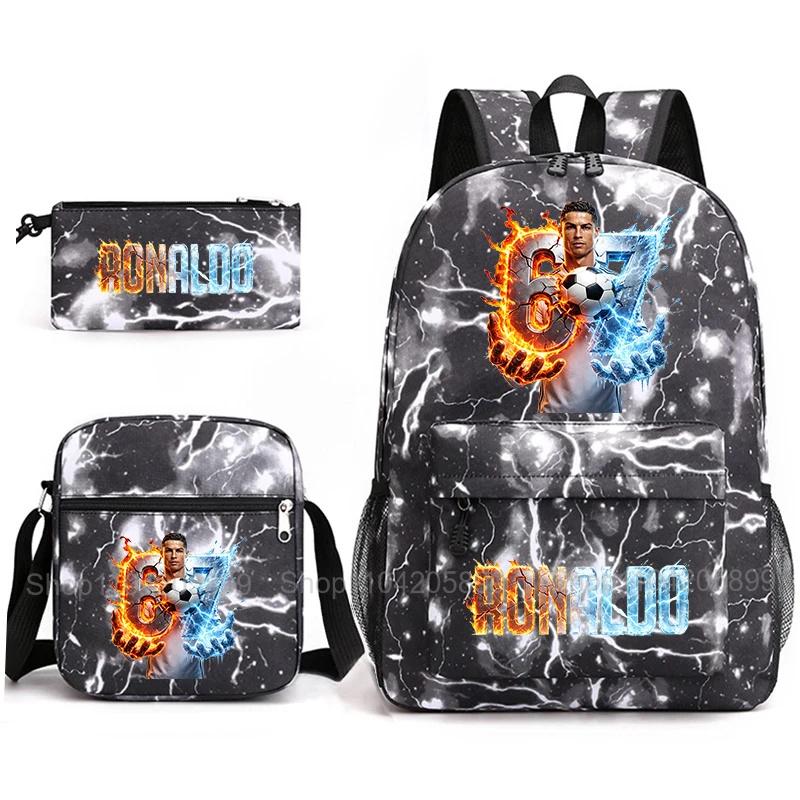 CR7 Ronaldo Backpack Football 67 Print School Bag With Shoulder Bag & Pencil Case For Student Boys Gift Daily Travel Rucksack