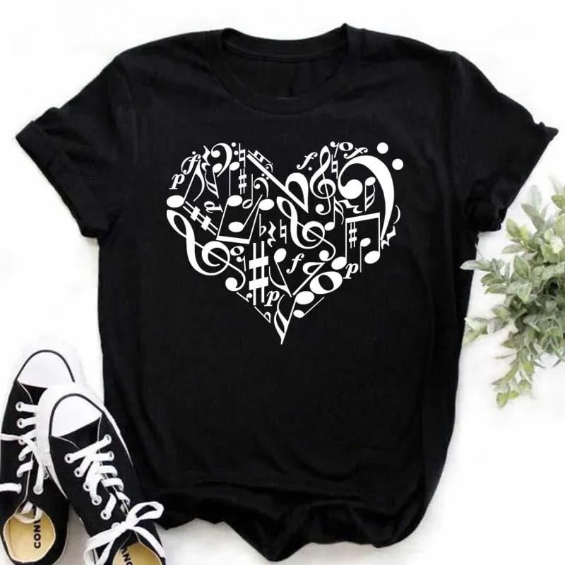 Damen T-Shirt Musik Oberteile Kurzarm Schwarz T-Shirt Damen Lässig Neu Harajuku Lustig Musiknote Kunst T-Shirt Mode