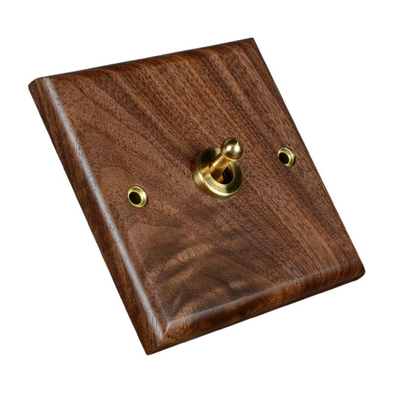 

86Mm Wooden Light Switch Panel Black Walnut with Brass Toggle Lever Wall Lamp Switch for Home Lighting Control