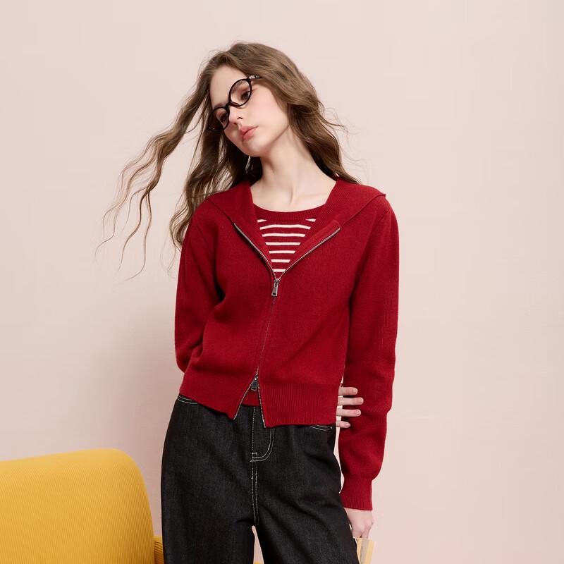 

Sancai 2025 Winter Striped Faux Two-Piece Hooded Knit Top M