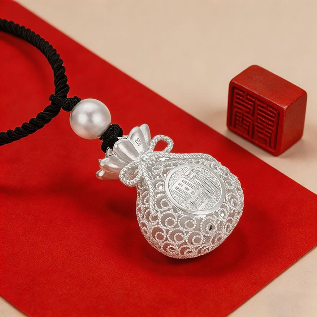 Silver Money Bag Necklace, Unisex, Design, Chinese-style, Vintage Pendant, Trendy, Chinese Style, Fortune Bag, Couple Pendant