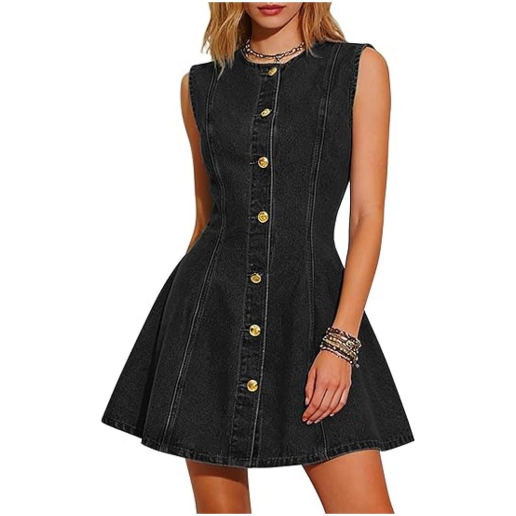 Women's 2026 European & American Slim Fit Washed Denim Sleeveless Button Dress with Pockets