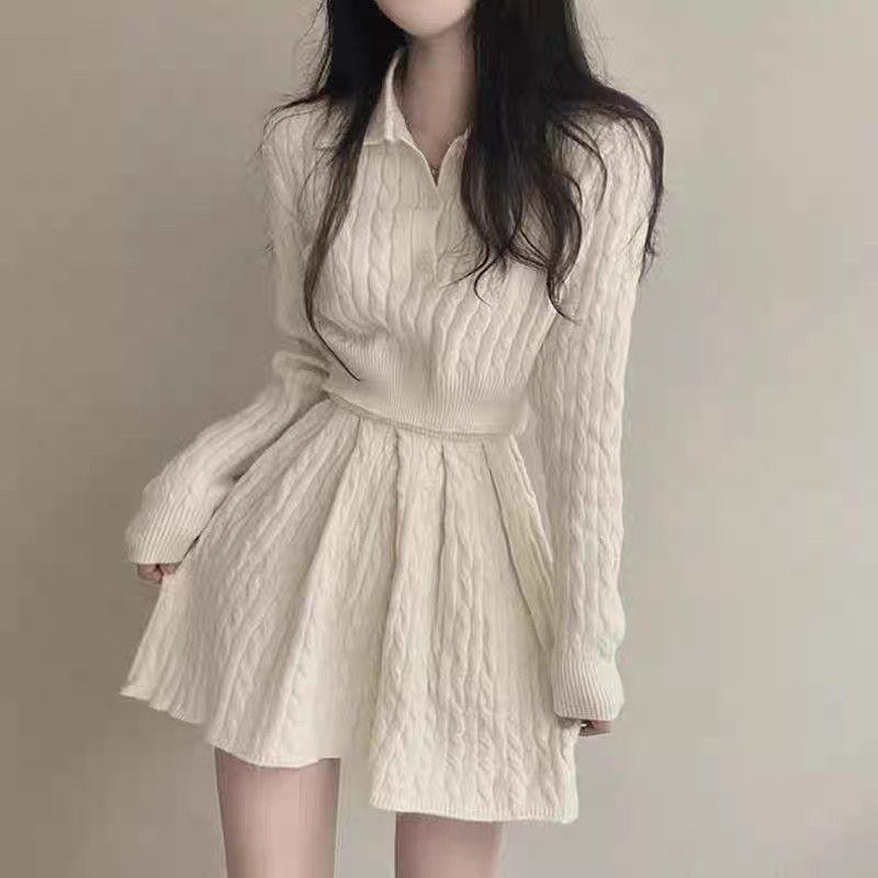 

Versatile Cable Knit Polo Sweater & High-Waisted Skirt Set - Korean Style Fashion S 80-100 lbs білий