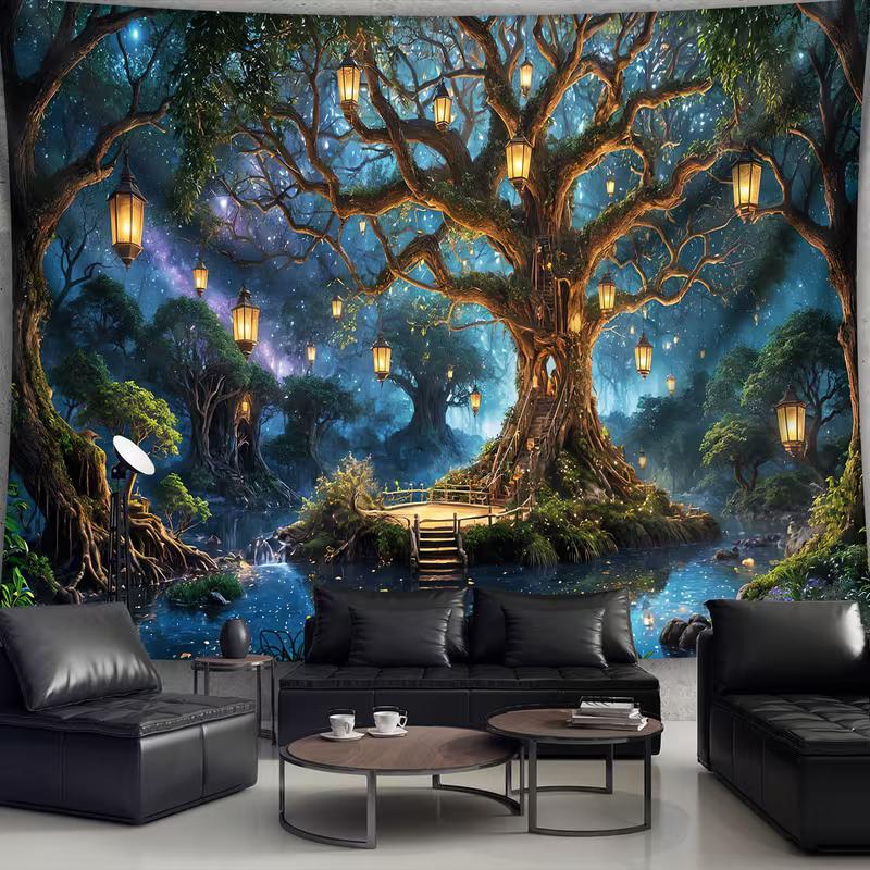 2D Magical Treehouse Tapestry Enchanted Forest with Glowing Lanterns Wall Hanging