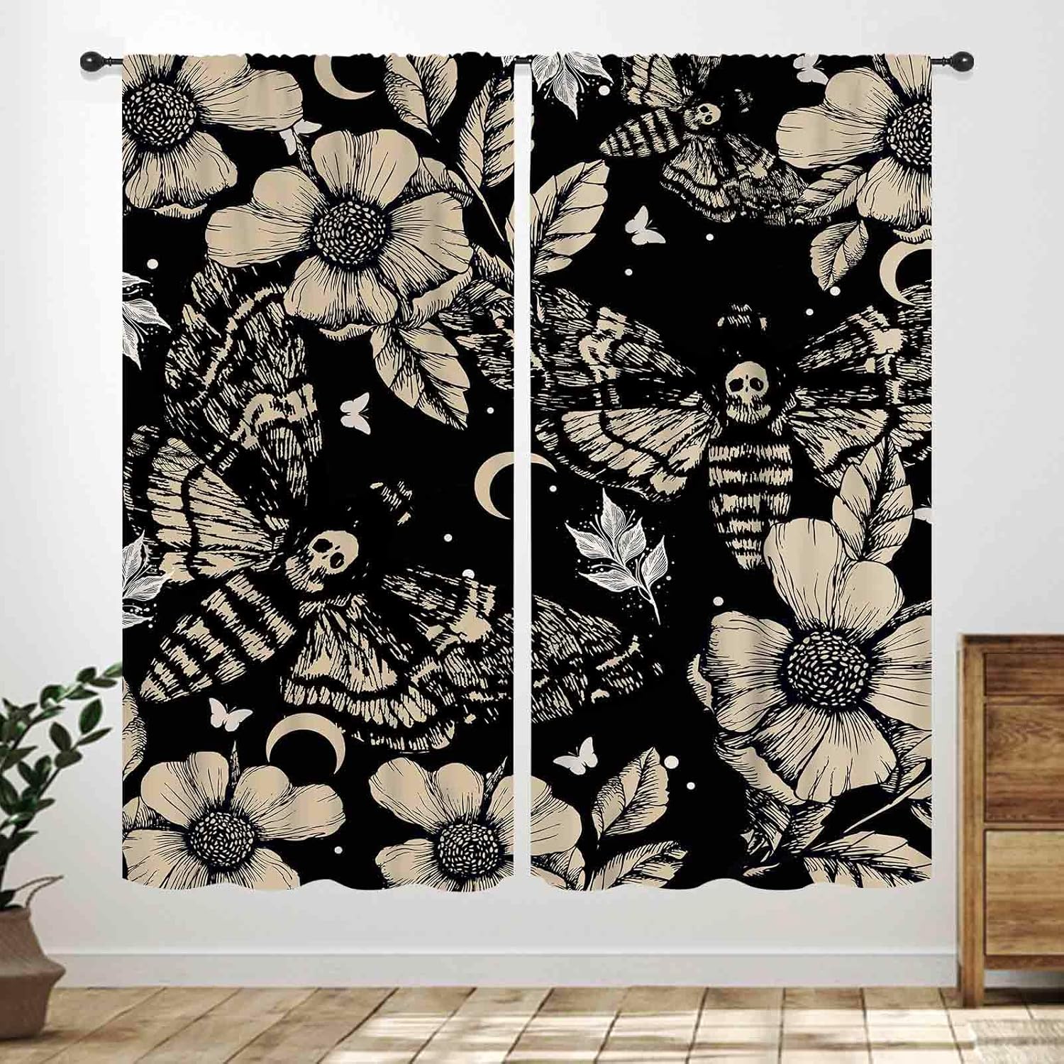 Gothic Skull Window Curtains,Boho Black Red Floral Rose Witchy Mysterious Skull Skeleton Printing Windows Drapes for Bedroom 60×150cm