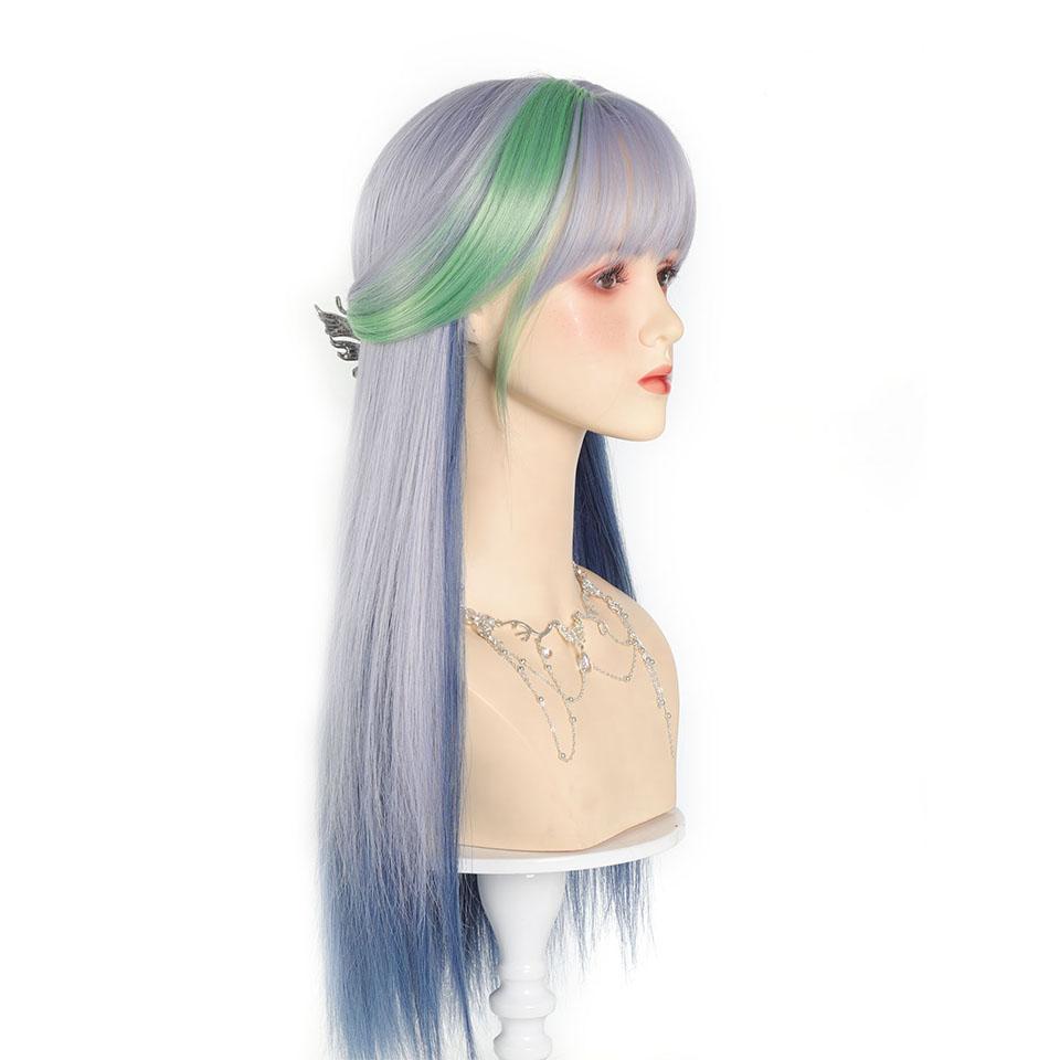 Y2K Synthetic Lolita Cosplay Wig Green Blue Hair for Cosplay Party Long Straight Wigs for Women Blue Green Highlight Dyed Bangs