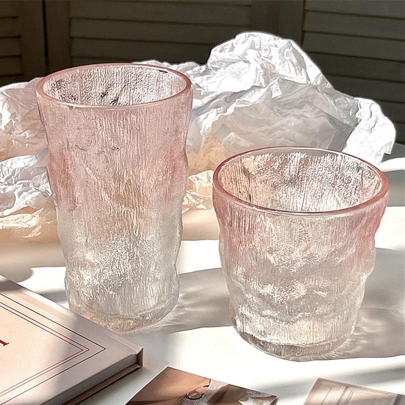 285ml/380ml Pink Beverage Cup Art Design Glacier Patterned Glass Cup Trendy Cocktail Glass Transparent Juice Tea Cold Drink Mugs