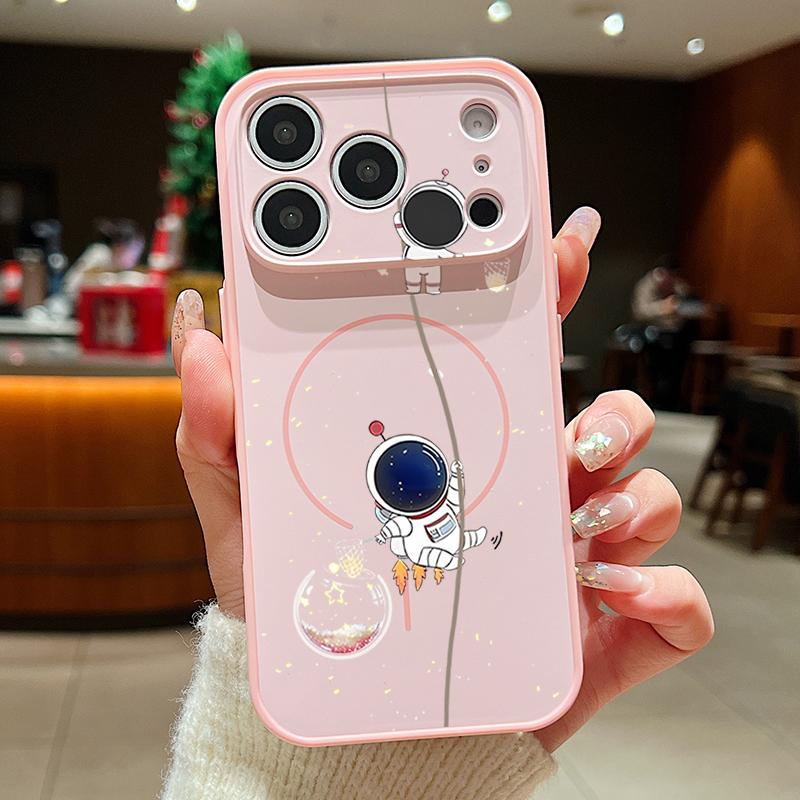 

Cute Cartoon Astronaut Case For iPhone 17 Pro Max Magnetic For Magsafe Hybrid Slim Matte Cover For iPhone 16 15 14 13 Pro Max iPhone 16 рожевий