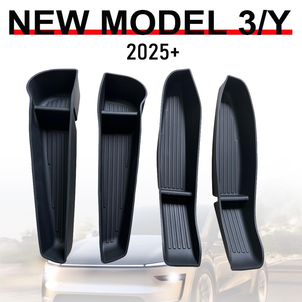 For 2025 2026 Tesla Model 3 Y Juniper Door Side Storage Box Front Rear TPE Door Storage Organizer Tray Car Interior Accessories kdf3