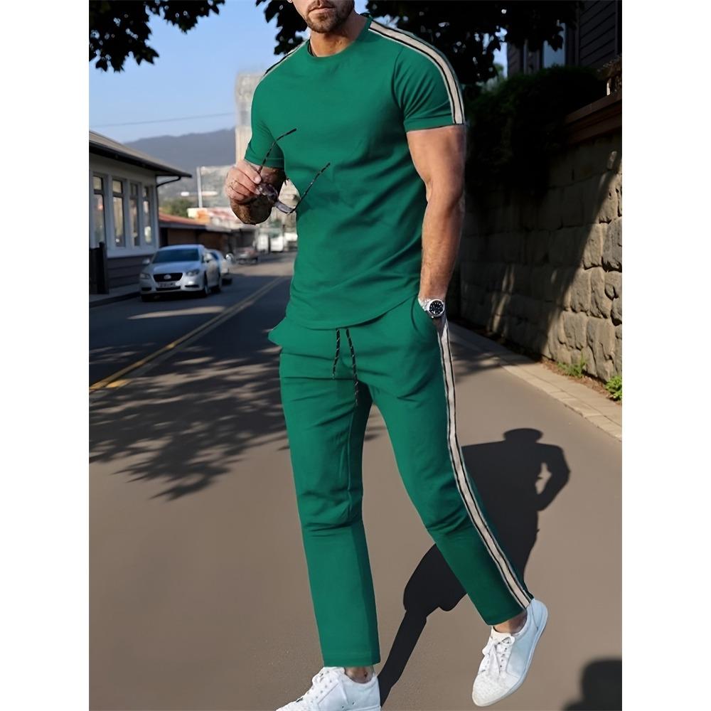 Simple Striped Printed Men's Casual Long Pants Set, Outdoor Street Fashion Trendy Men's Top And Casual Long Pants