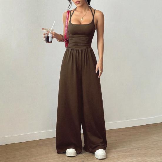 Workout Jumpsuits for Women Spaghetti Strap Sleeveless One Piece Overalls Wide Leg Long Pants Rompers Sexy Backless Yoga Outfits