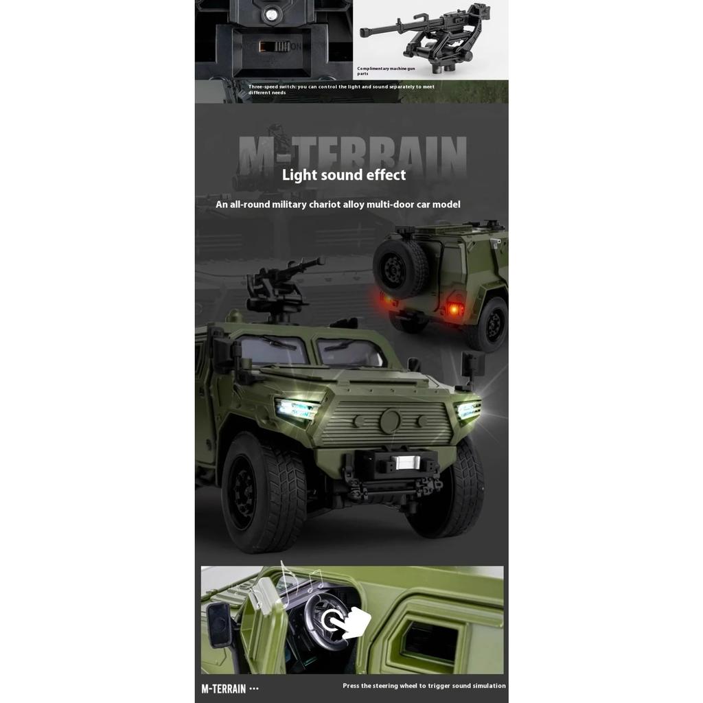 1/18 DongFeng Warrior Military Armored Vehicle Off Road ORV SUV Alloy Metal Diecast Model Car Sound Light Collection Large Gifts