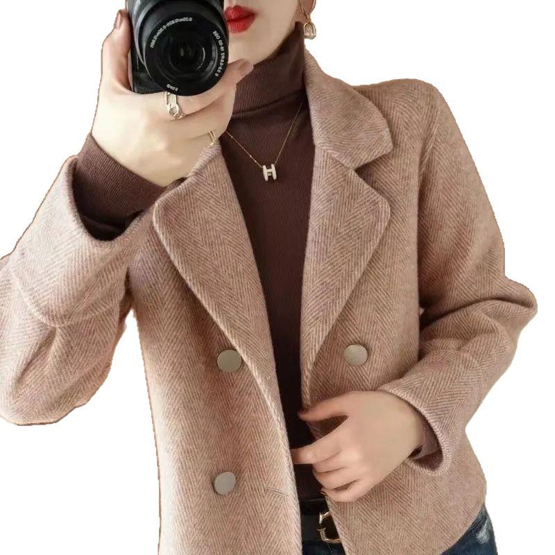 Women's Double-Sided Wool Coat - Petite, Long Sleeve, Short Top, Stylish Spring/Autumn Suit
