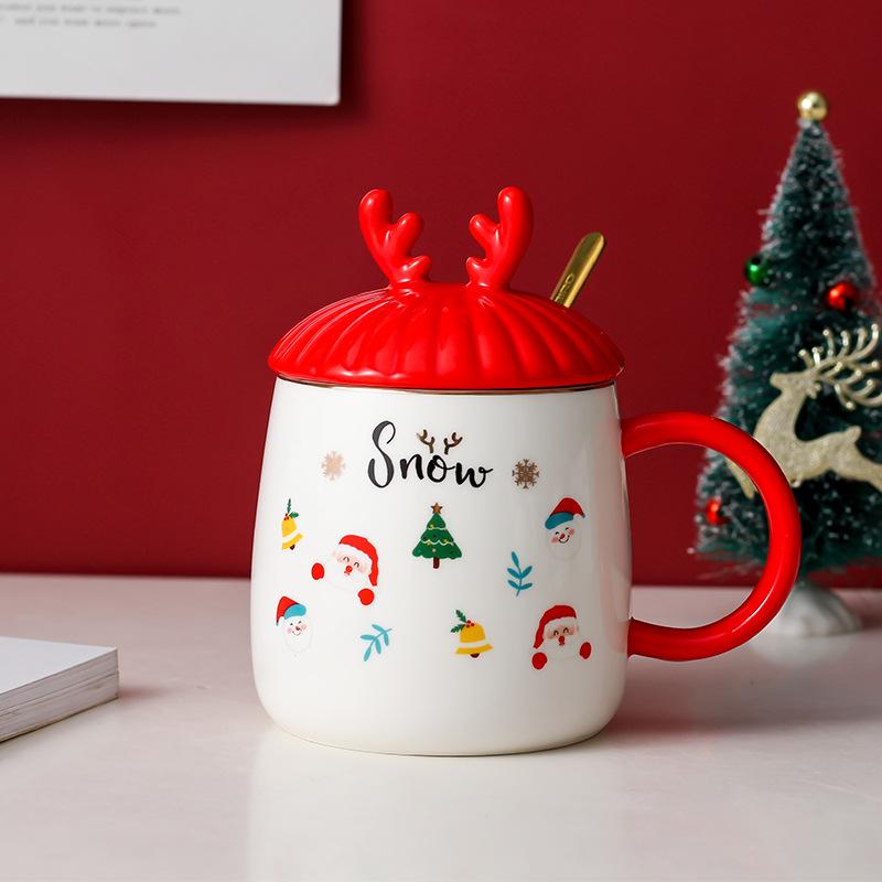 Creative Christmas festive gift-giving mug ceramic cartoon cup Nordic couple water cup coffee cup with lid spoon