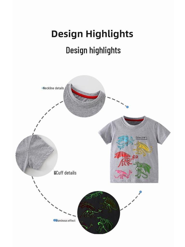 2026 Spring/Summer Children's Luminous Dinosaur T-Shirt - European & American Style