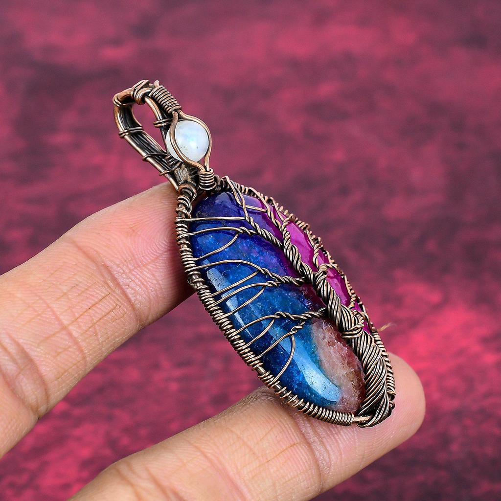 Tree Of Life Rainbow Solar Quartz Druzy Pendant Copper Wire Wrapped Jewelry