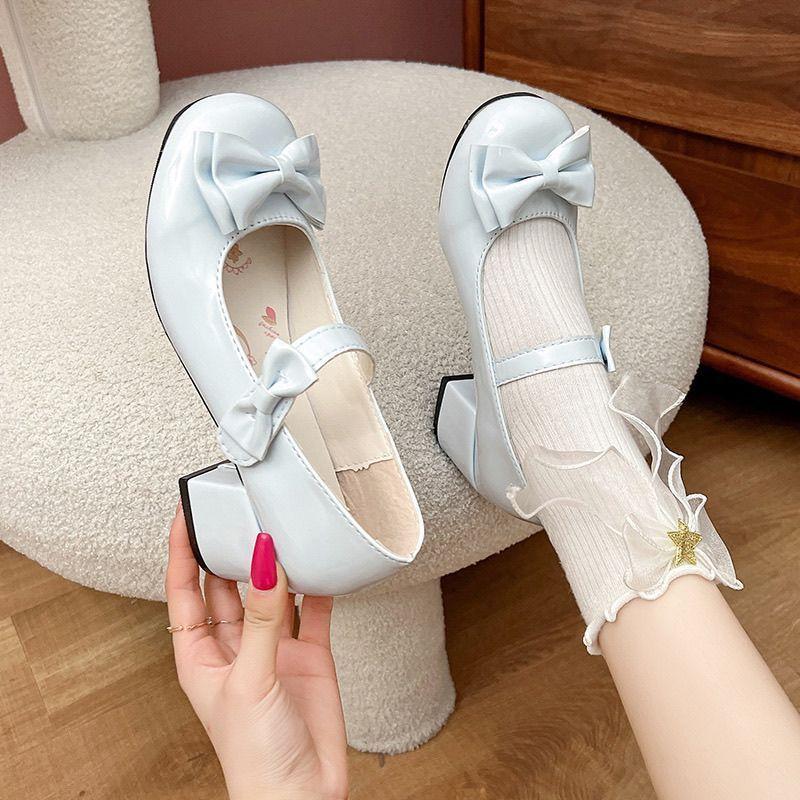 Pink high heels original lolita small leather shoes mary shoes cute bow heel round head lo shoes women