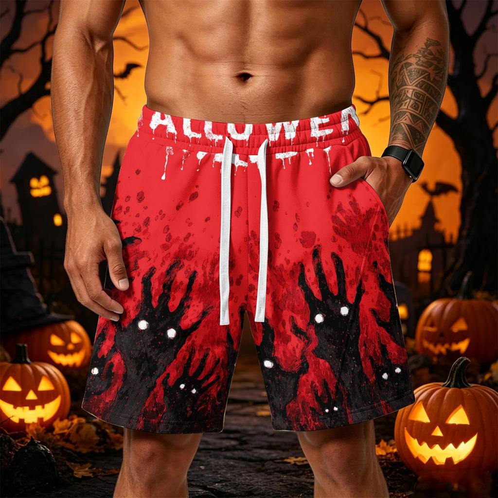 Men's Loose Fit Halloween Themed Shorts with Drawstring Waist and Multiple Pockets Casual Sport Shorts for Everyday Wear