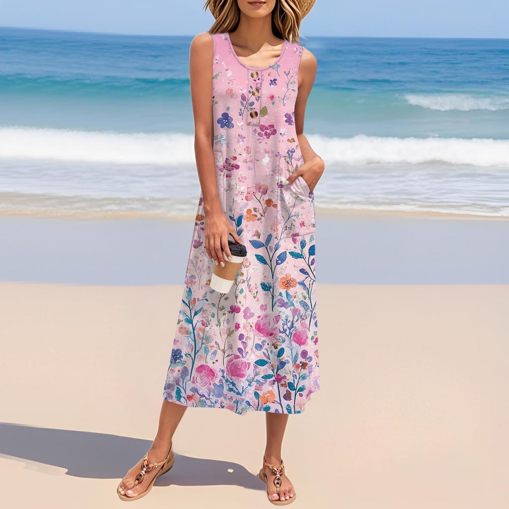 Women's Summer Vintage Floral Patchwork Print Dress Sleeveless Button Down Casual Loose Long Beach Sundress