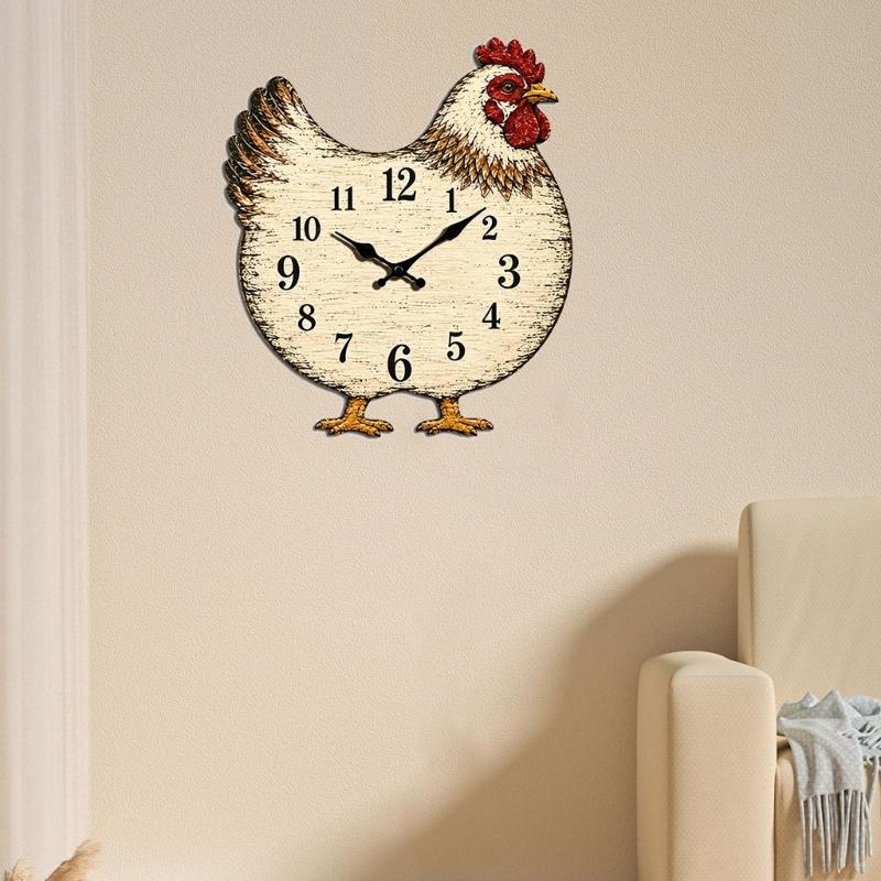 Silents None Ticking Wall Clock Natural Wood Chicken Clock with Black Number Markers, Battery Drive, Weathered Beige Finish, and Decorative Bird