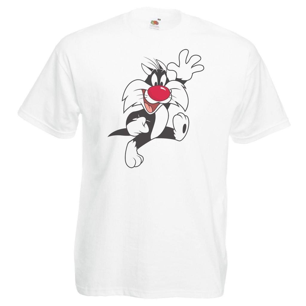 Adults Red Nose Cartoon Cat Funny Animated Feline Toon Unisex White TShirt