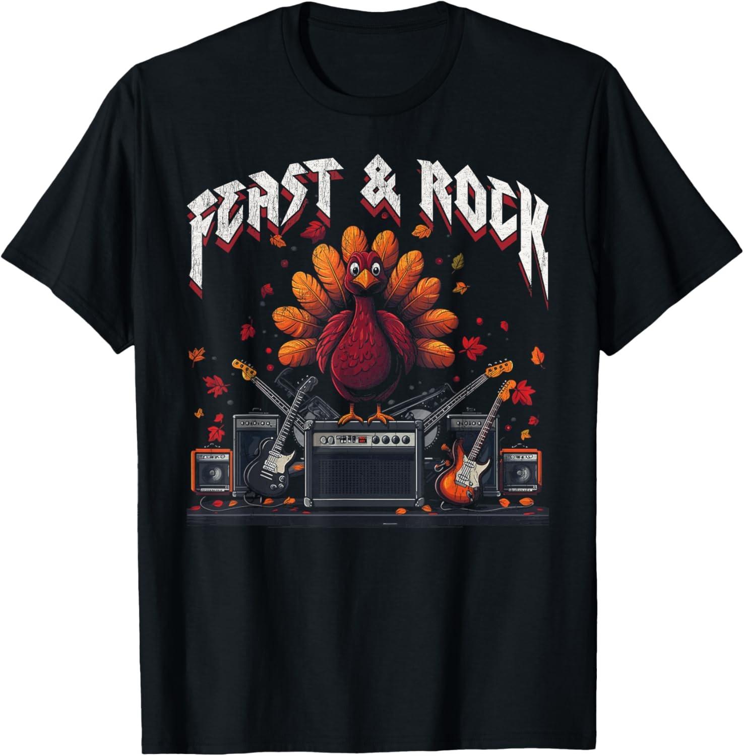 Feast & Rock - Funny Thanksgiving Turkey Guitar Rock N Roll T-Shirt L