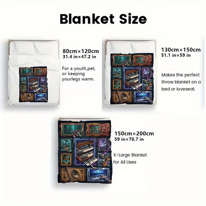 Cyberpunk Music Instruments 2D Flat Pattern Flannel Blanket, High Quality All Seasons, Home Decor, Warmth and Comfort, Perfect for Christmas Gifts.